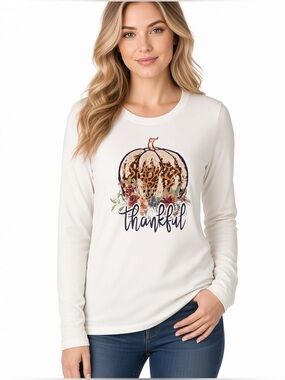 Women’s Cream Long Sleeve Thankful Leopard Print Pumpkin Graphic Tee Fall Thanks